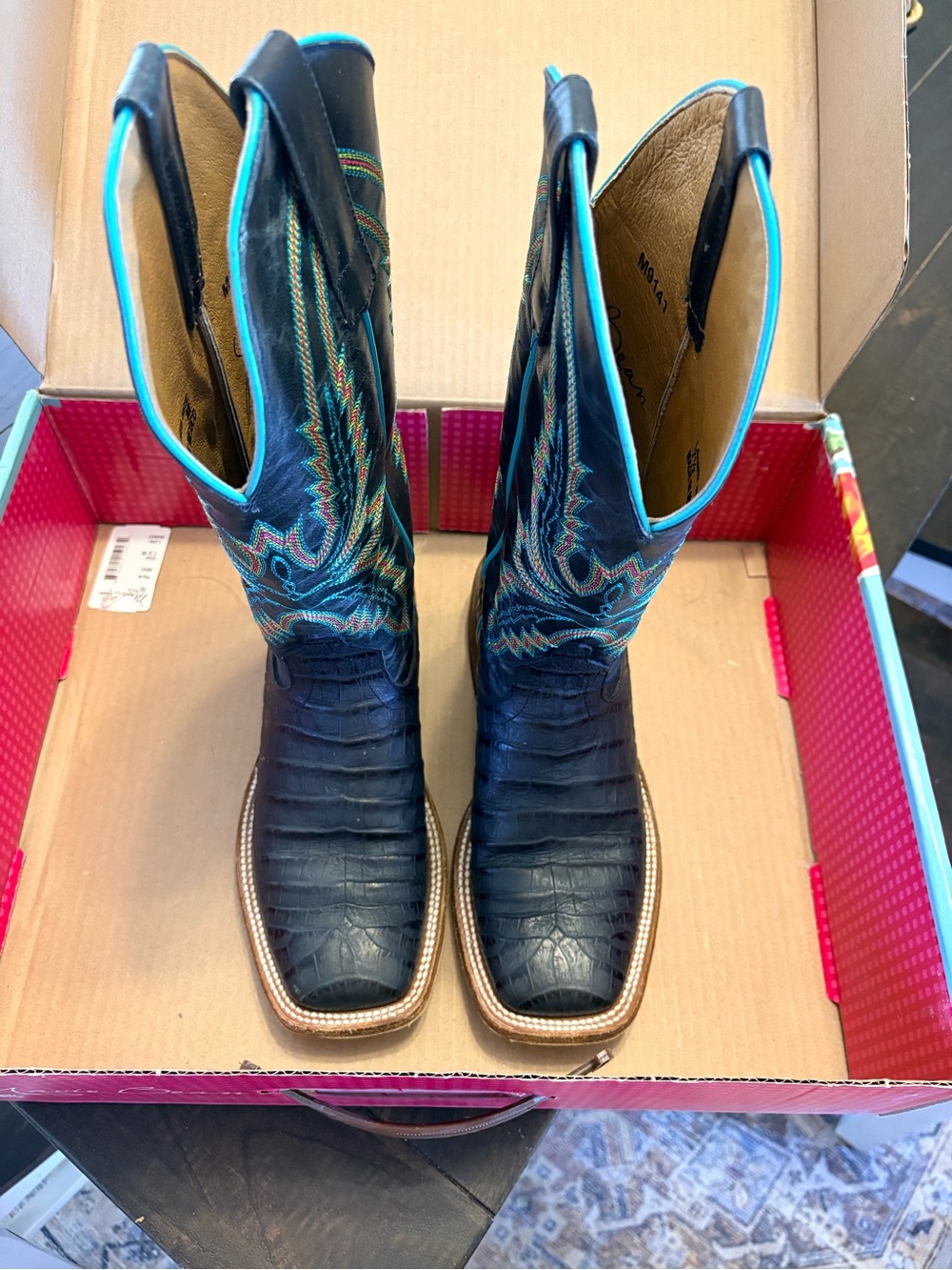 Macie Bean Black Croc-Embossed Western Boots with Turquoise Trim